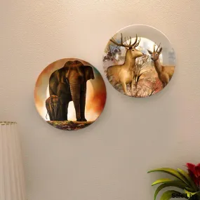 2 Pieces Ceramic Wall Plates Painting of Elephants and Deer