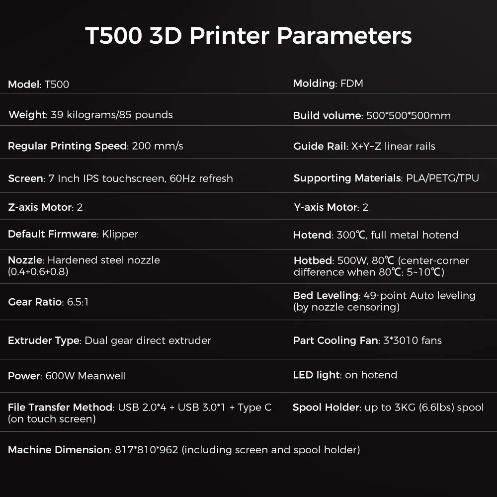 Comgrow T500 3D Printer: Extra large format Klipper powered 3D Printer