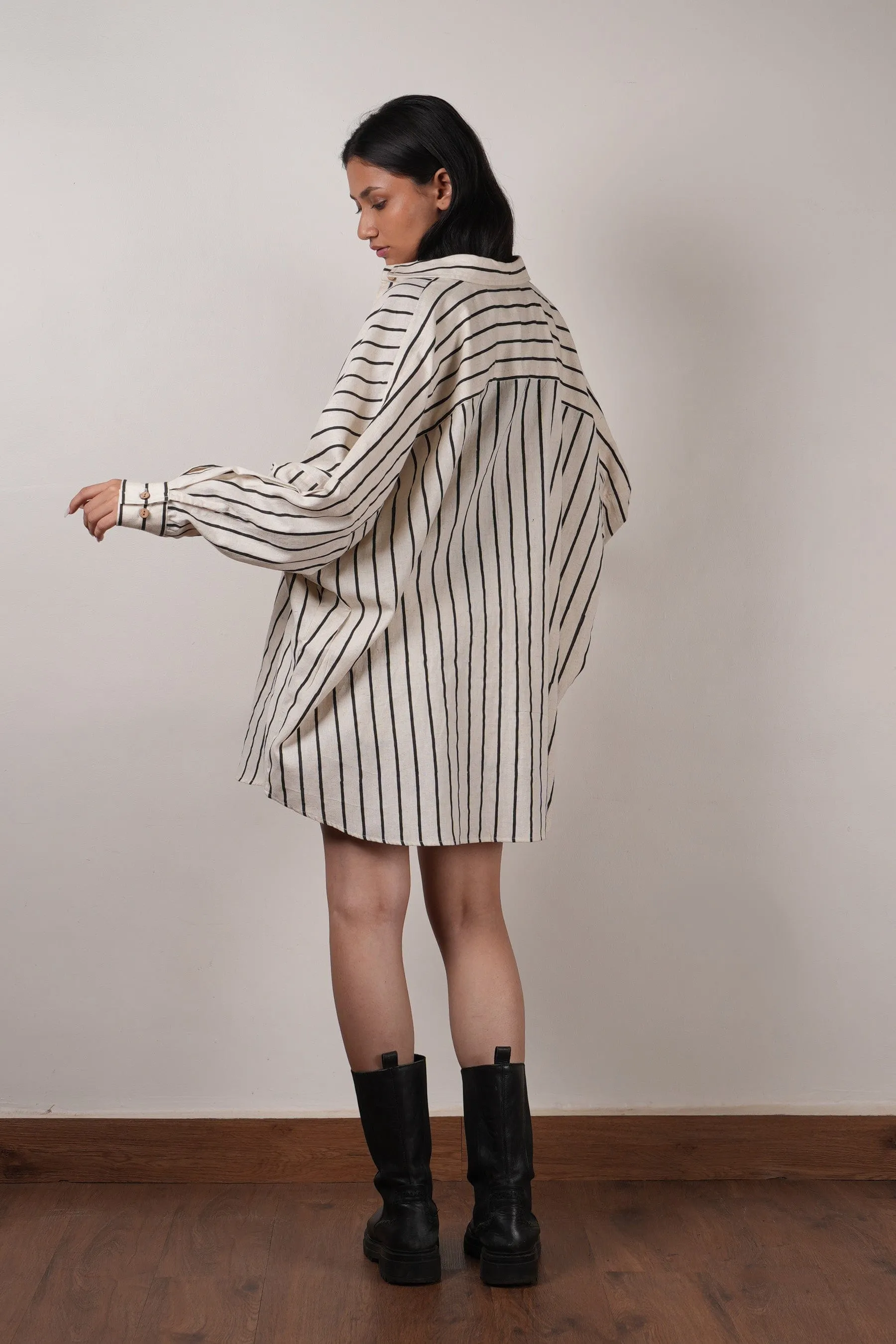 Mati Oversized Striped Shirt Set-Oatmeal (3 PCS)