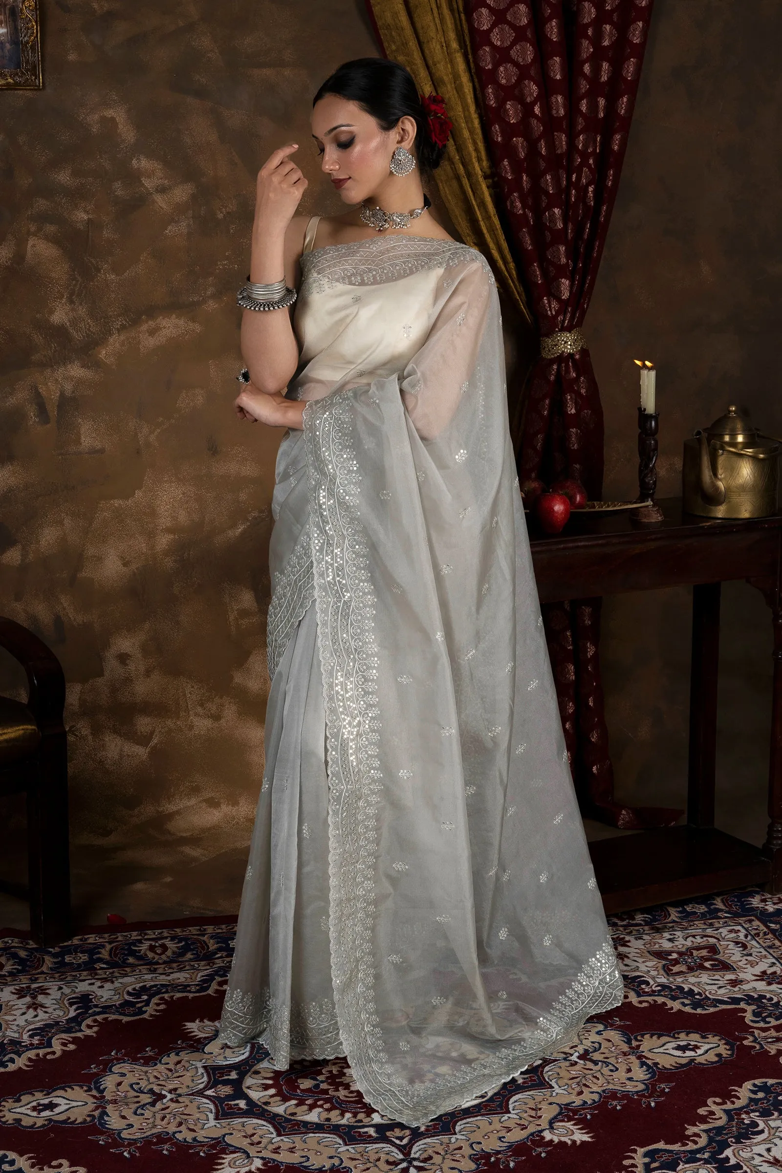 Teejh Aanisha Sage Green Sequin Embroidery Organza Saree