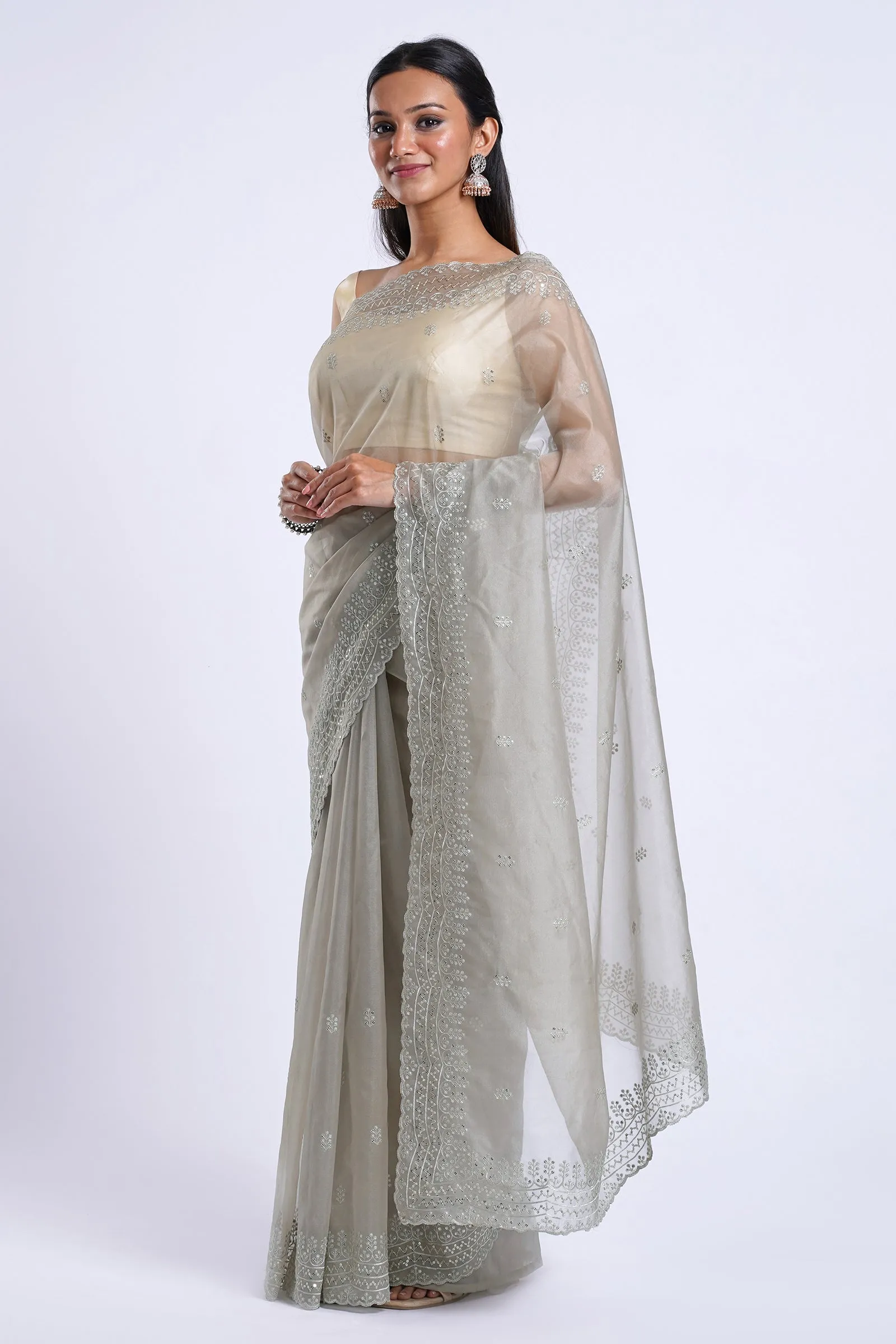 Teejh Aanisha Sage Green Sequin Embroidery Organza Saree