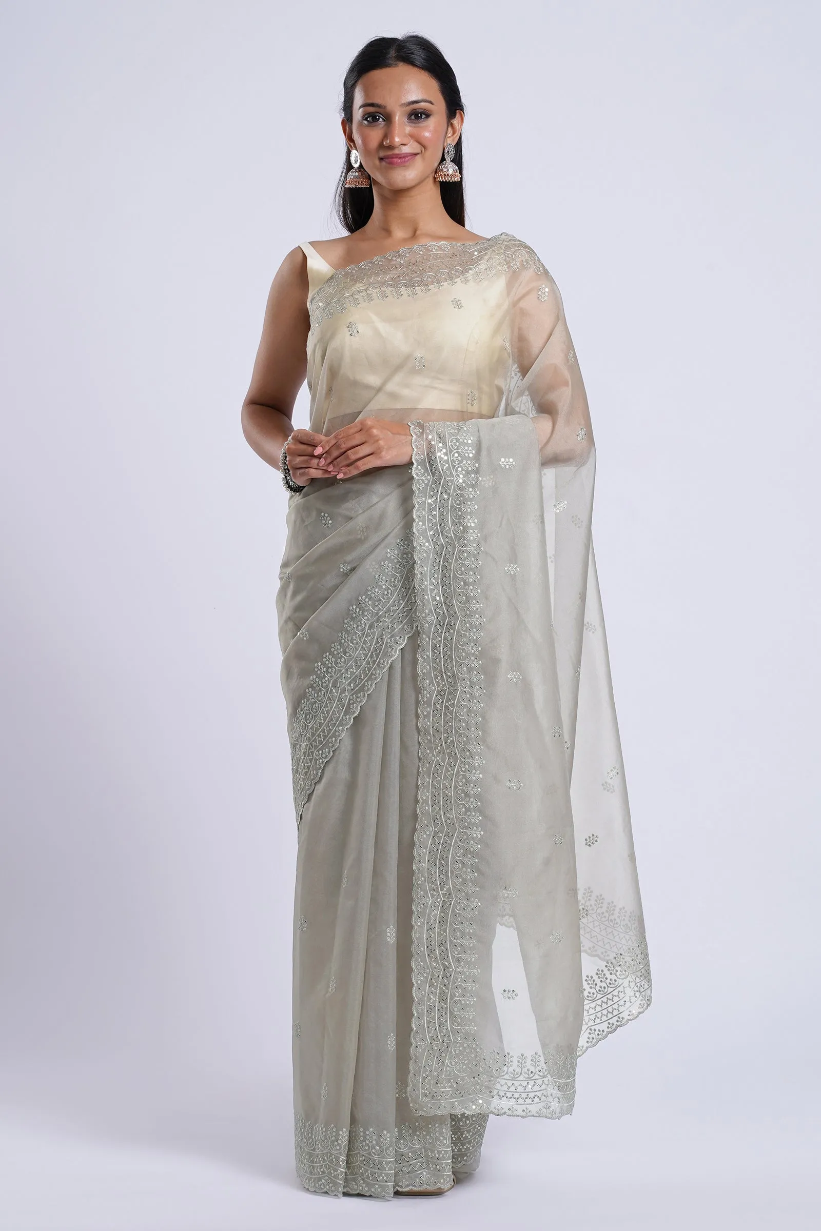 Teejh Aanisha Sage Green Sequin Embroidery Organza Saree