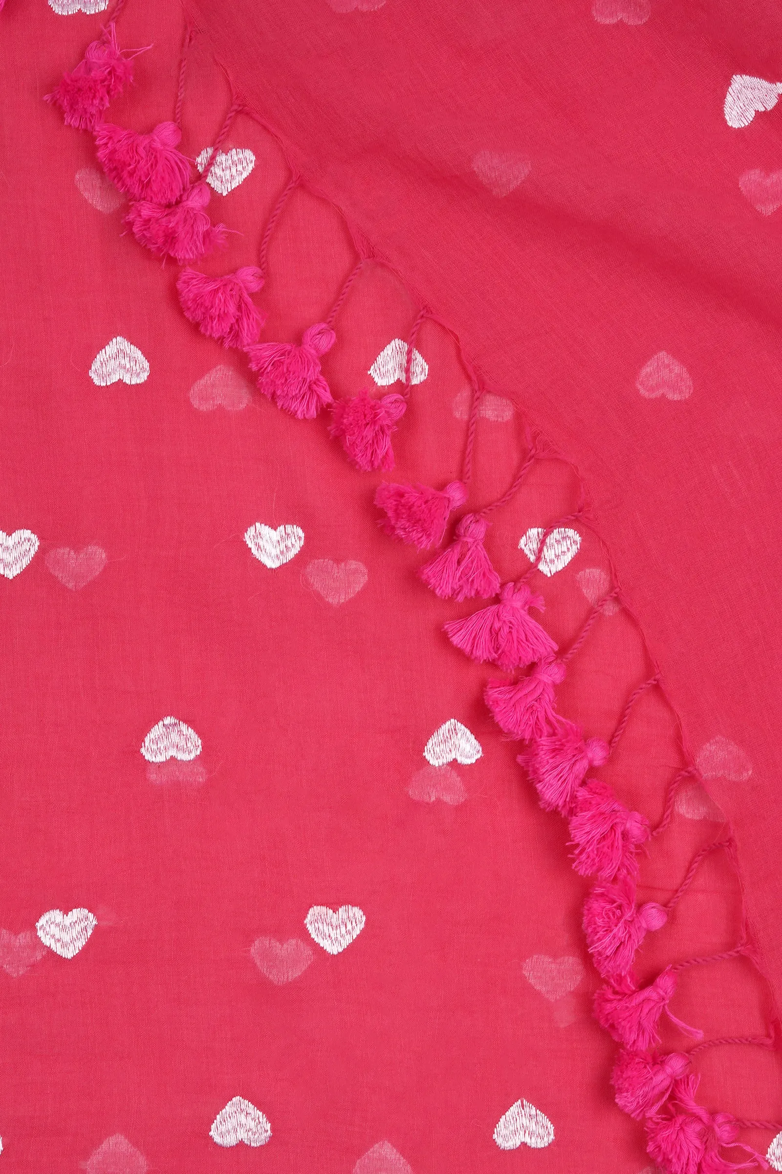 Teejh Chahna Pink and White Mul Cotton Heart Embroidery Saree