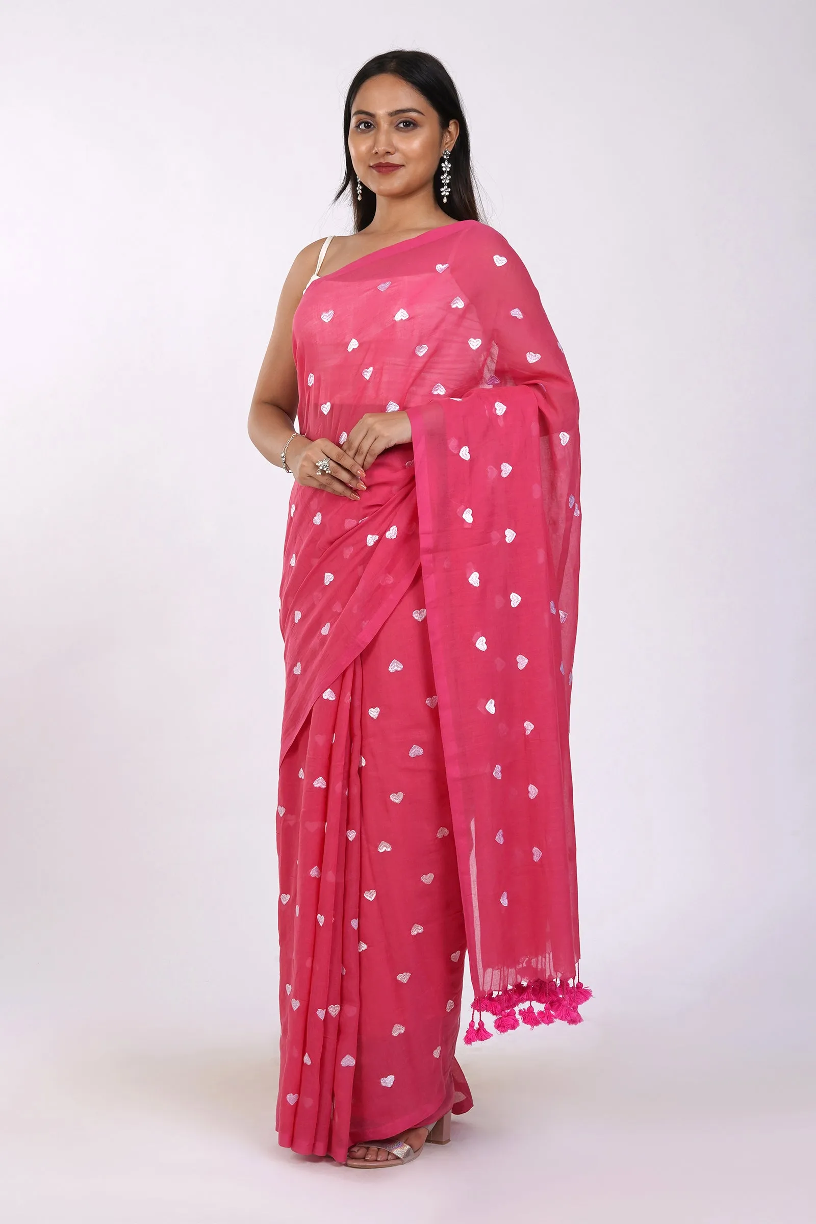 Teejh Chahna Pink and White Mul Cotton Heart Embroidery Saree