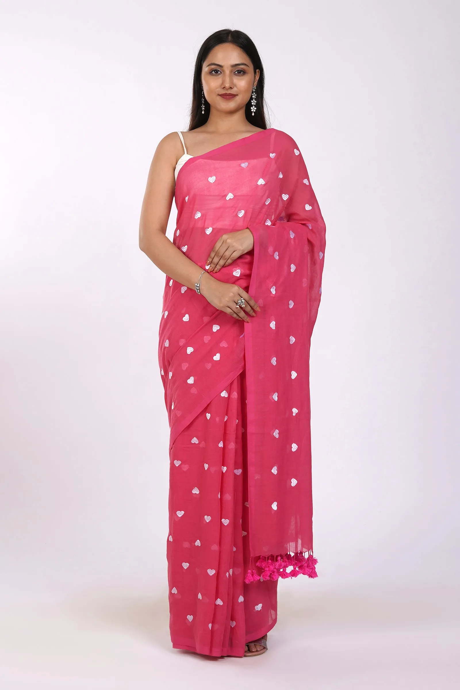 Teejh Chahna Pink and White Mul Cotton Heart Embroidery Saree