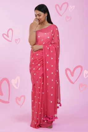 Teejh Chahna Pink and White Mul Cotton Heart Embroidery Saree